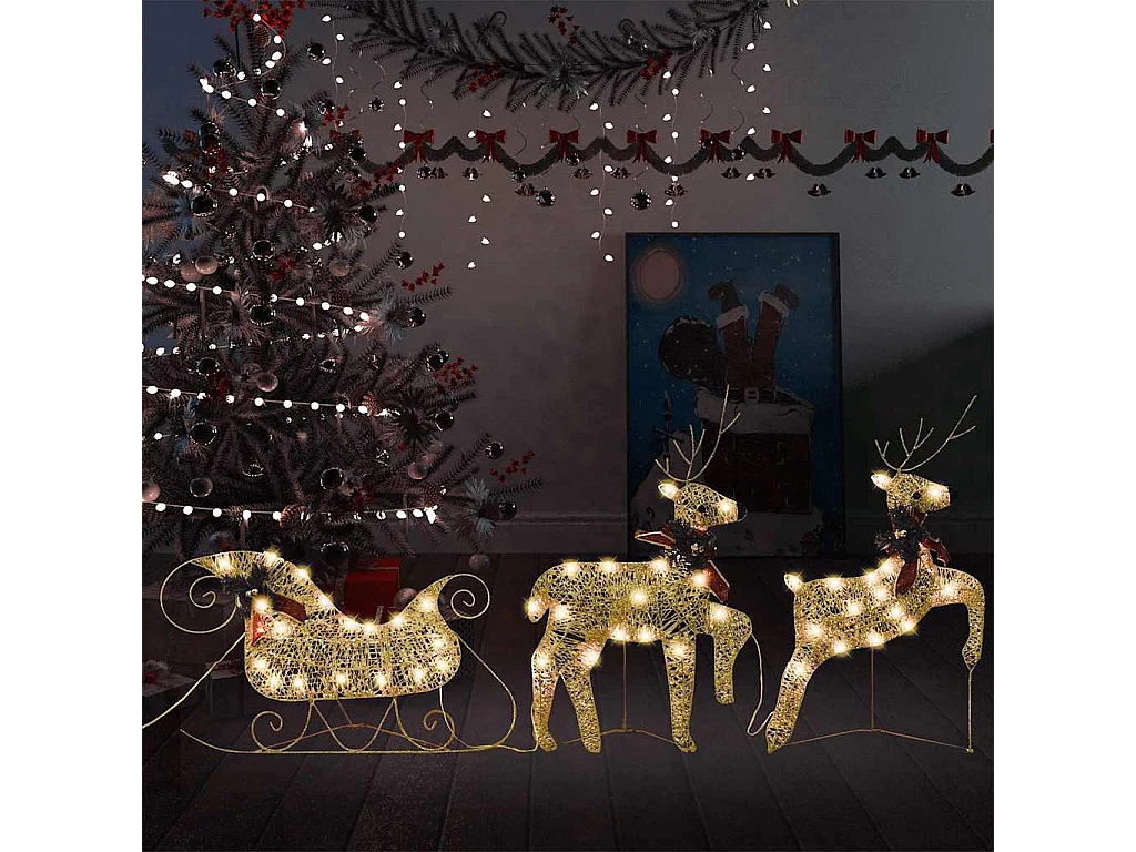 Kerstdecoratie rendieren en slee 60 LED's goudkleurig