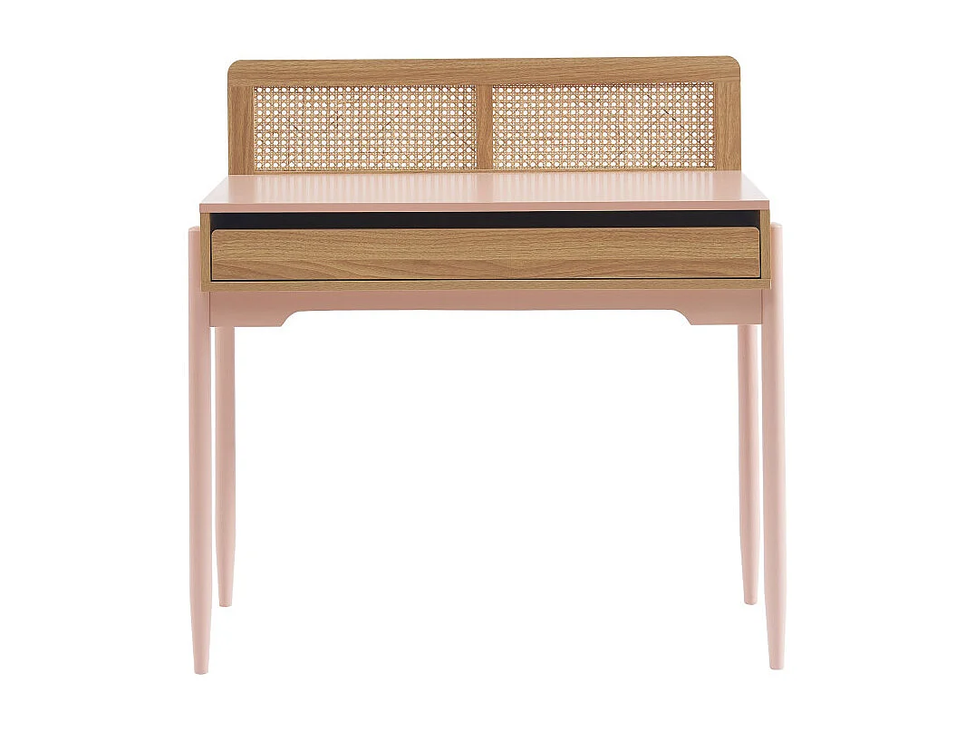 Lilou - Bureau enfant 1 tiroir en bois et cannage H95cm - Rose