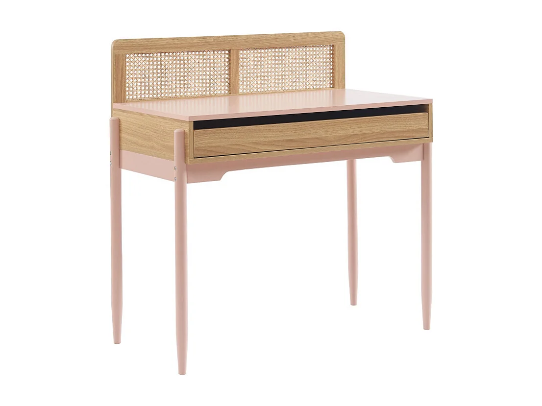 Lilou - Bureau enfant 1 tiroir en bois et cannage H95cm - Rose