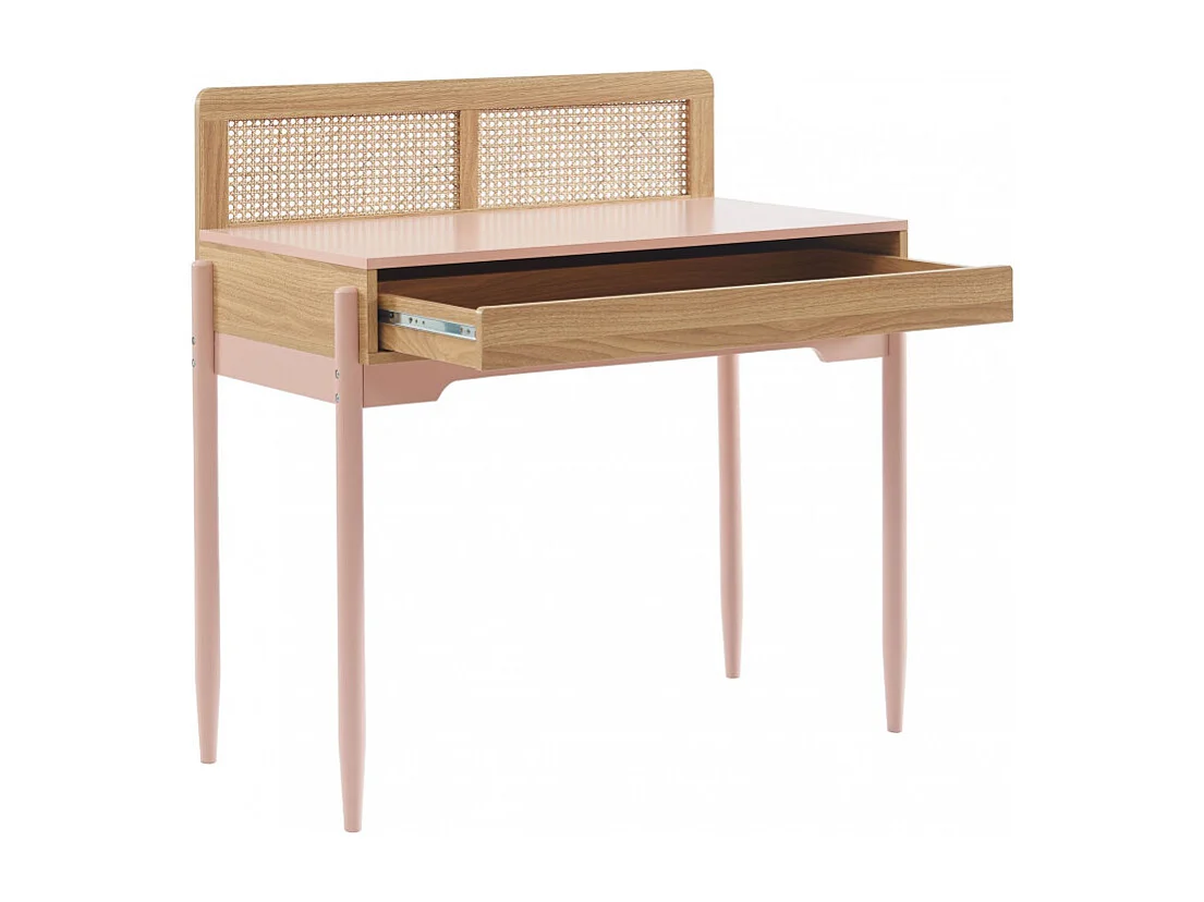 Lilou - Bureau enfant 1 tiroir en bois et cannage H95cm - Rose