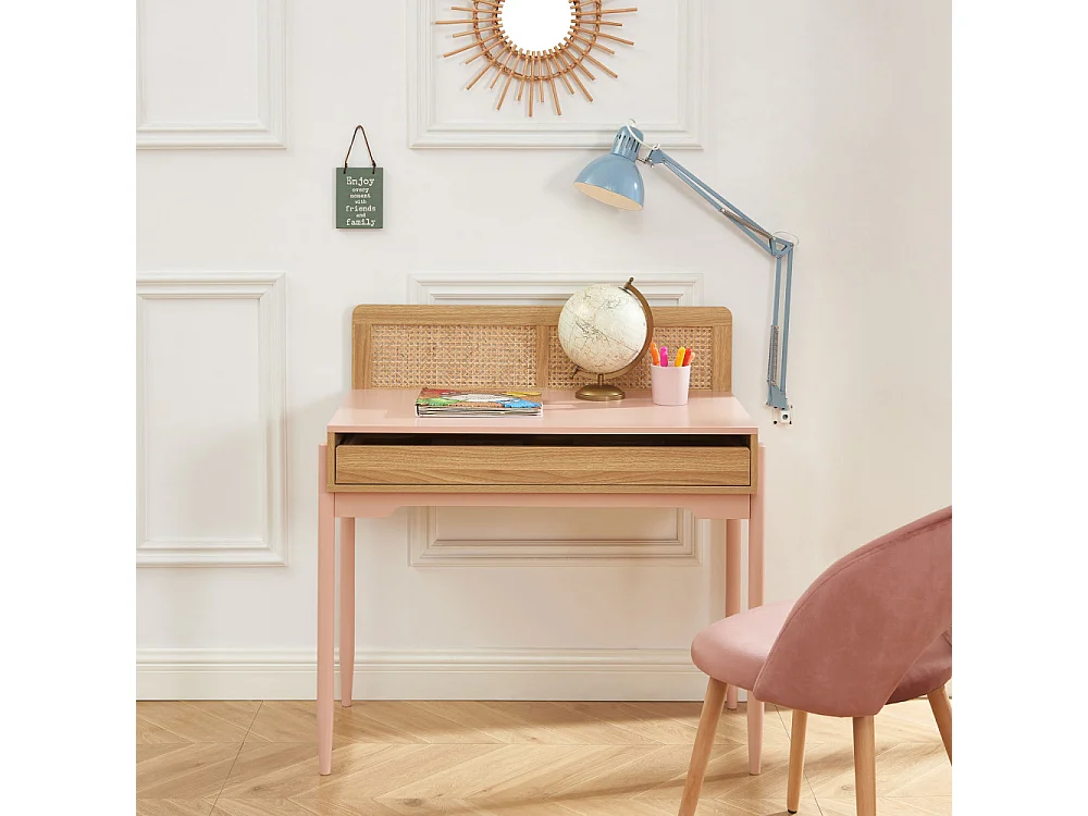 Lilou - Bureau enfant 1 tiroir en bois et cannage H95cm - Rose