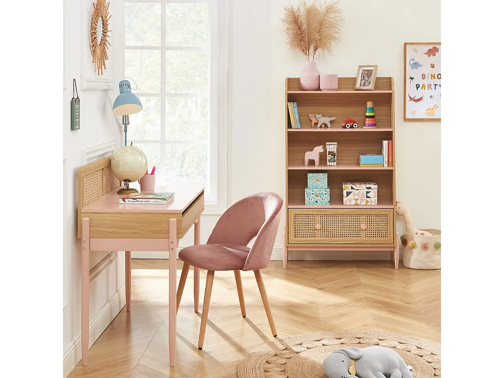Lilou - Bureau enfant 1 tiroir en bois et cannage H95cm - Rose