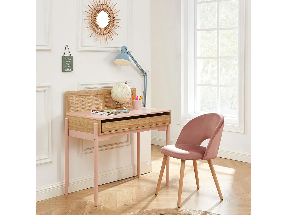 Lilou - Bureau enfant 1 tiroir en bois et cannage H95cm - Rose