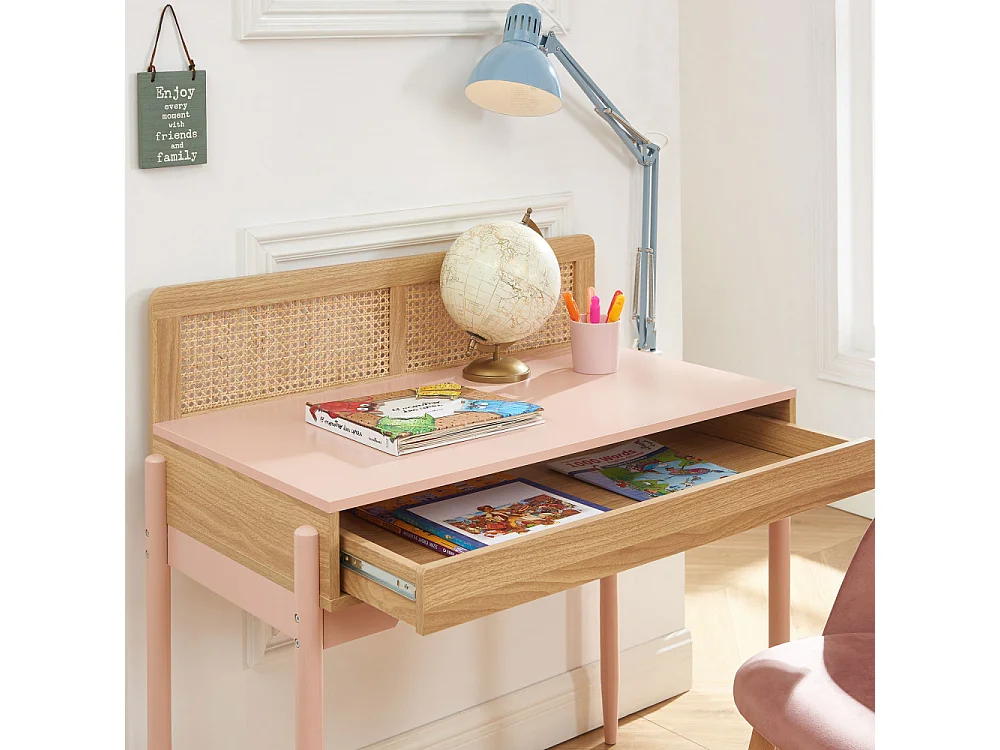 Lilou - Bureau enfant 1 tiroir en bois et cannage H95cm - Rose