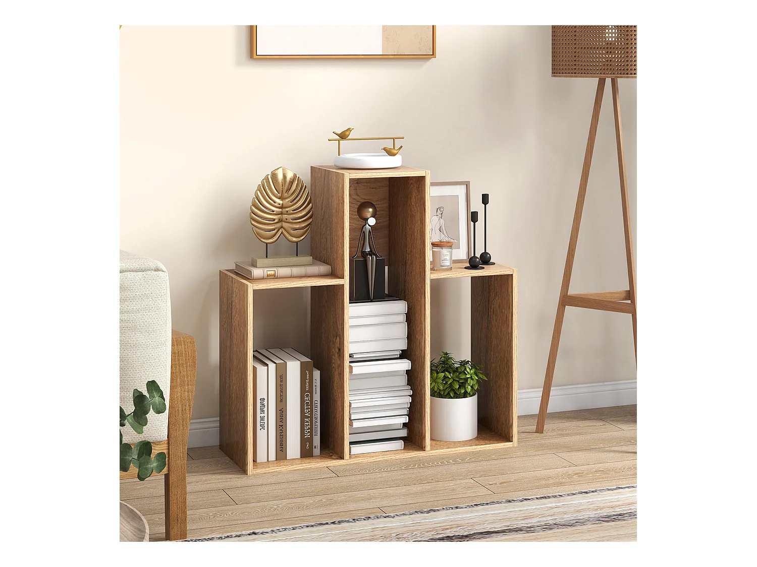 Konvexes Bücherregal mit Kippschutz 3 Ebenen Standregal Raumteiler 29,5 x 84 x 83,5 cm Natur