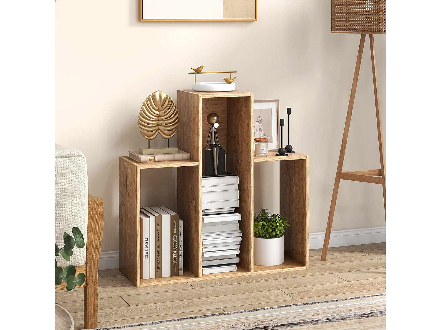 Bibliothèque convexe avec protection anti-basculement 3 niveaux Étagère sur pied Séparateur de pièce 29,5 x 84 x 83,5 cm Naturel