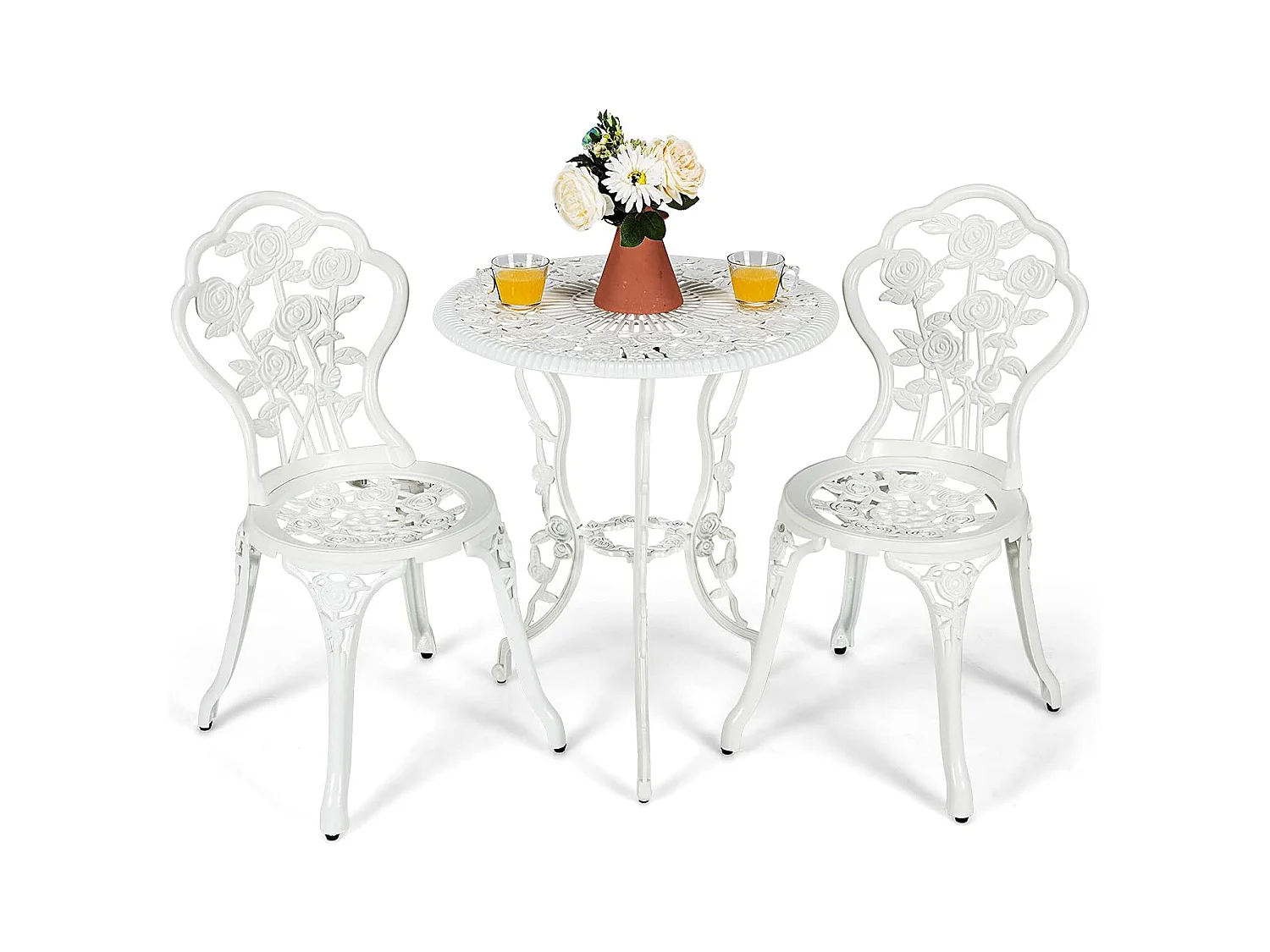 Salon de Jardin 3Pcs en Fonte Aluminium, Ensemble 2 Chaises et 1 Table Ronde Style Antique avec Motif Rose Chaise Charge 150 kg, pour Balcon Terasse Jardin(Blanc)