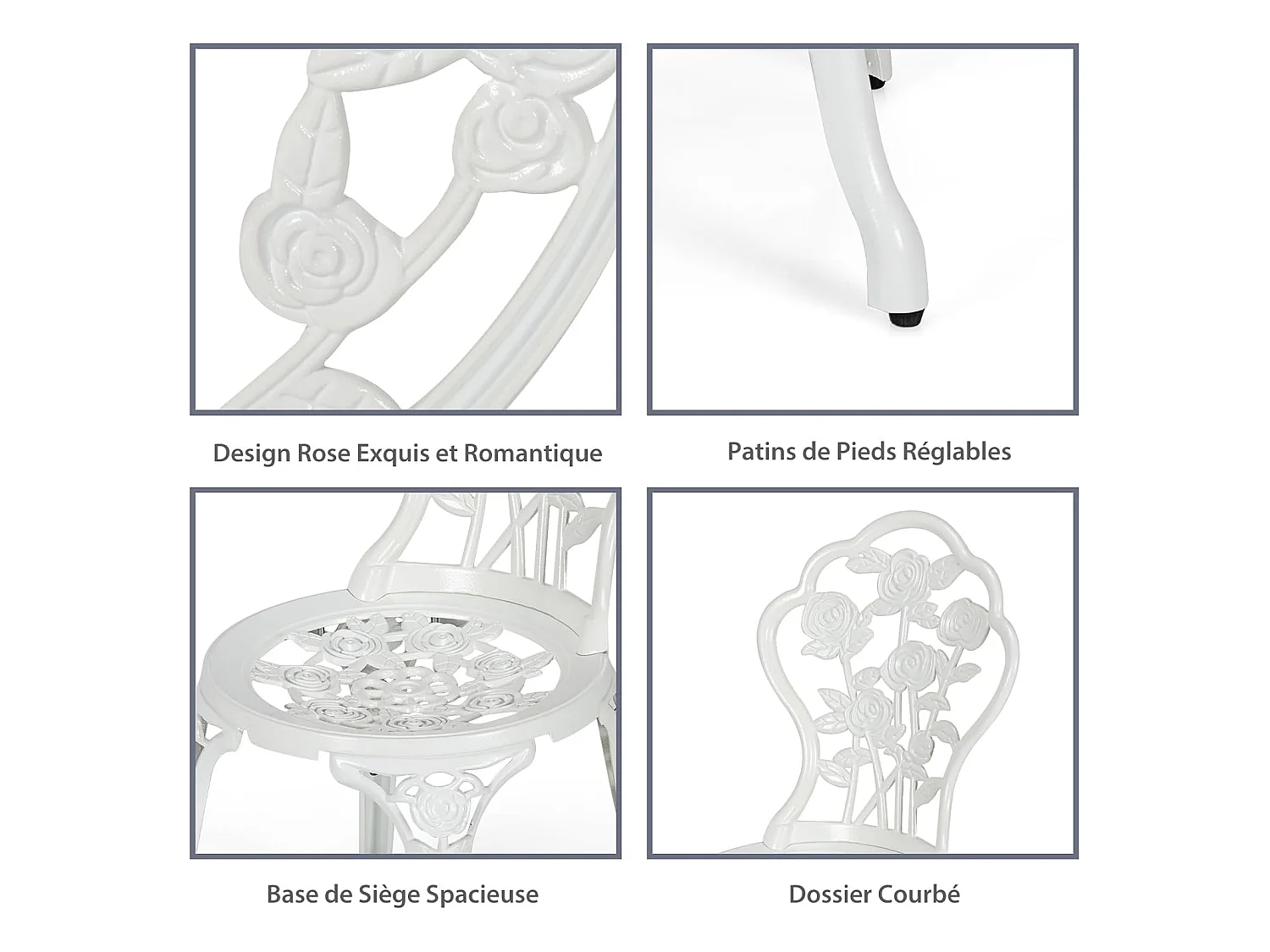 Salon de Jardin 3Pcs en Fonte Aluminium, Ensemble 2 Chaises et 1 Table Ronde Style Antique avec Motif Rose Chaise Charge 150 kg, pour Balcon Terasse Jardin(Blanc)