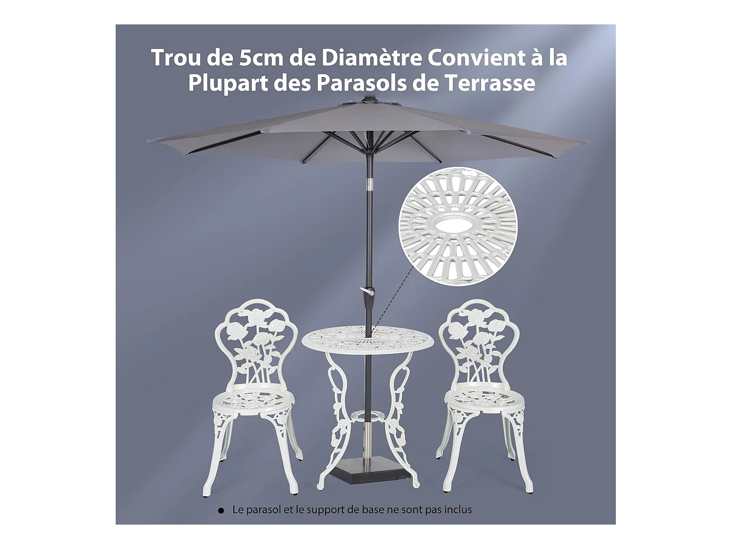 Salon de Jardin 3Pcs en Fonte Aluminium, Ensemble 2 Chaises et 1 Table Ronde Style Antique avec Motif Rose Chaise Charge 150 kg, pour Balcon Terasse Jardin(Blanc)