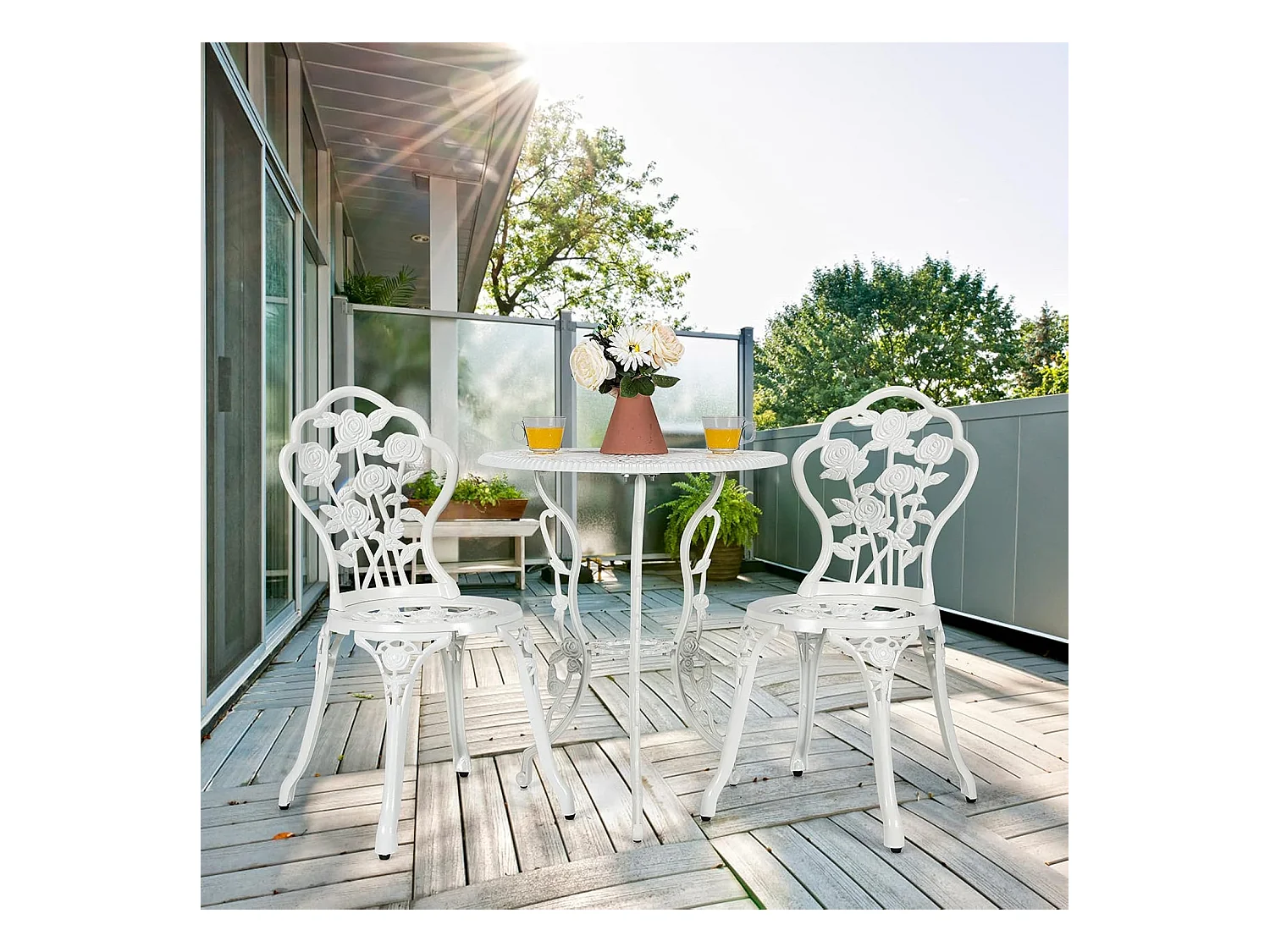 Salon de Jardin 3Pcs en Fonte Aluminium, Ensemble 2 Chaises et 1 Table Ronde Style Antique avec Motif Rose Chaise Charge 150 kg, pour Balcon Terasse Jardin(Blanc)