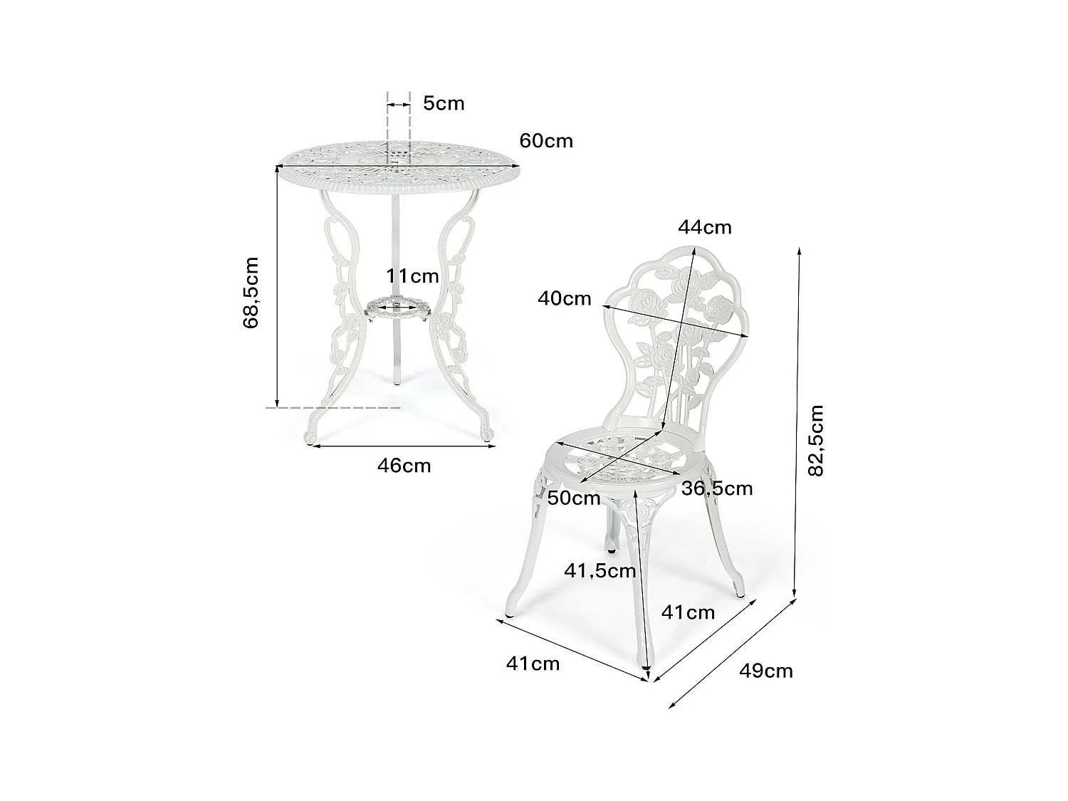Salon de Jardin 3Pcs en Fonte Aluminium, Ensemble 2 Chaises et 1 Table Ronde Style Antique avec Motif Rose Chaise Charge 150 kg, pour Balcon Terasse Jardin(Blanc)