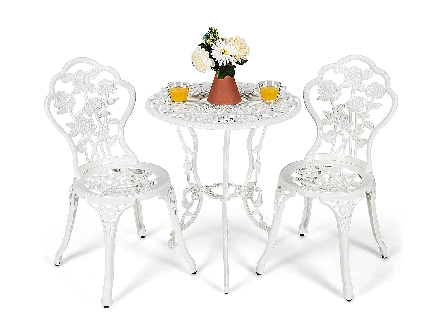 Salon de Jardin 3Pcs en Fonte Aluminium, Ensemble 2 Chaises et 1 Table Ronde Style Antique avec Motif Rose Chaise Charge 150 kg, pour Balcon Terasse Jardin(Blanc)