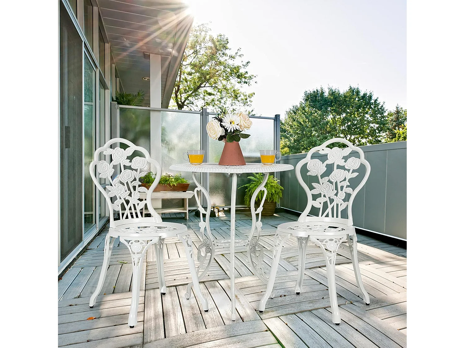 Salon de Jardin 3Pcs en Fonte Aluminium, Ensemble 2 Chaises et 1 Table Ronde Style Antique avec Motif Rose Chaise Charge 150 kg, pour Balcon Terasse Jardin(Blanc)