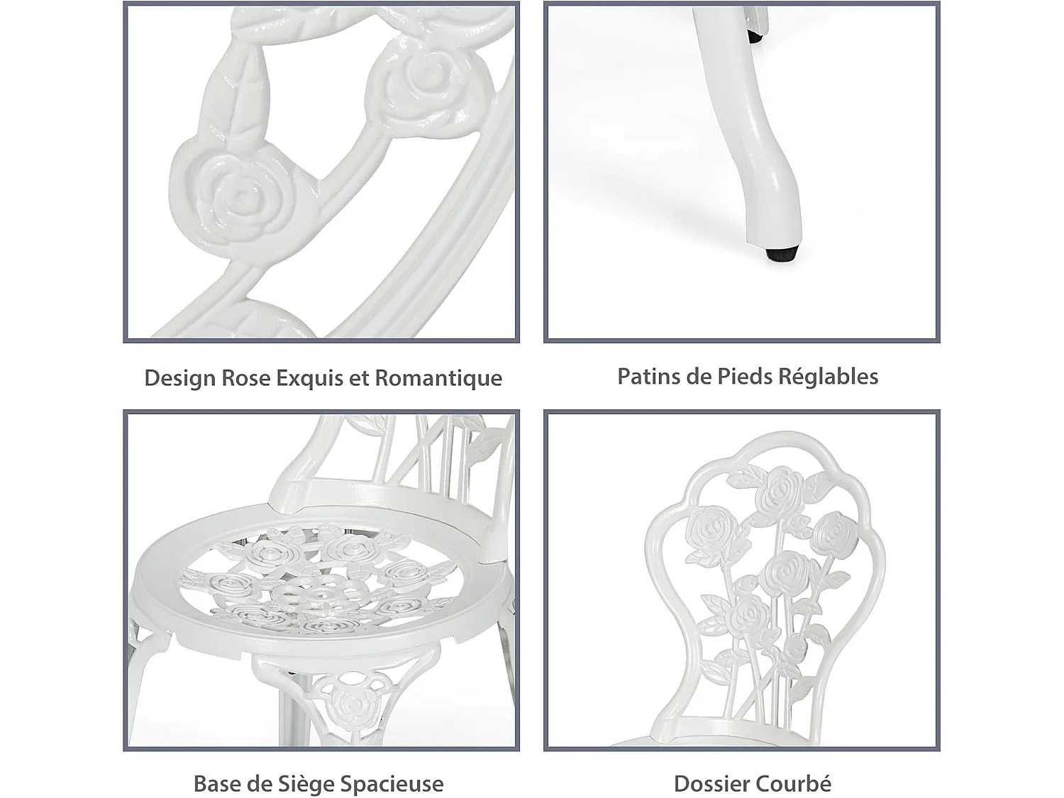 Salon de Jardin 3Pcs en Fonte Aluminium, Ensemble 2 Chaises et 1 Table Ronde Style Antique avec Motif Rose Chaise Charge 150 kg, pour Balcon Terasse Jardin(Blanc)