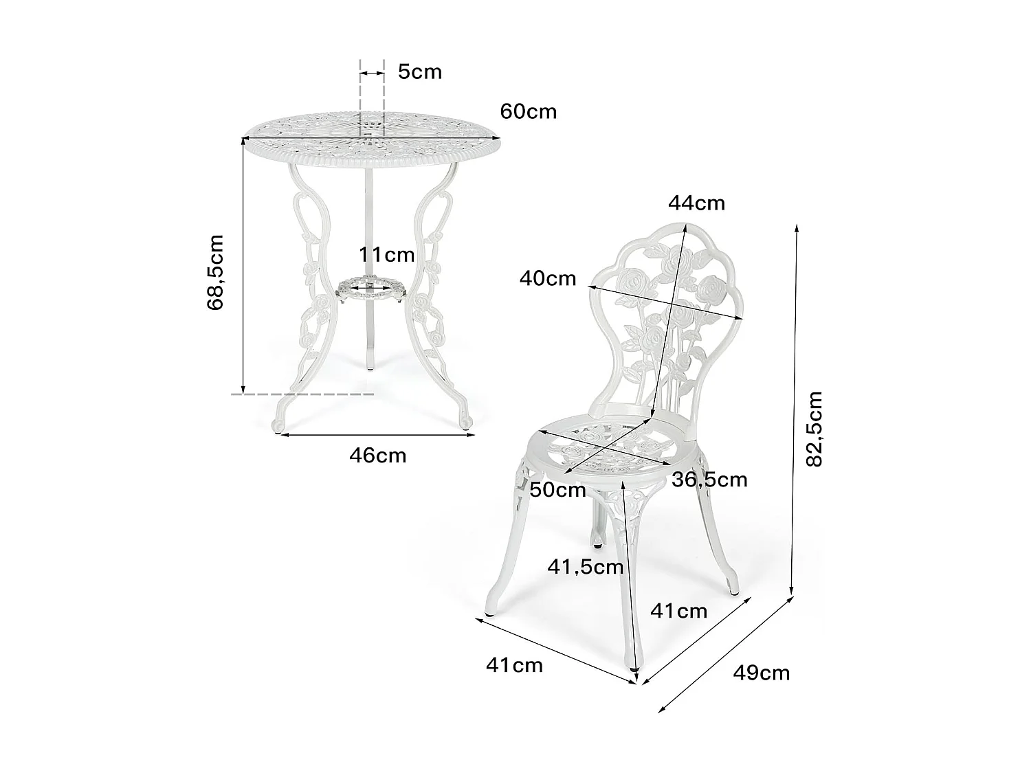 Salon de Jardin 3Pcs en Fonte Aluminium, Ensemble 2 Chaises et 1 Table Ronde Style Antique avec Motif Rose Chaise Charge 150 kg, pour Balcon Terasse Jardin(Blanc)