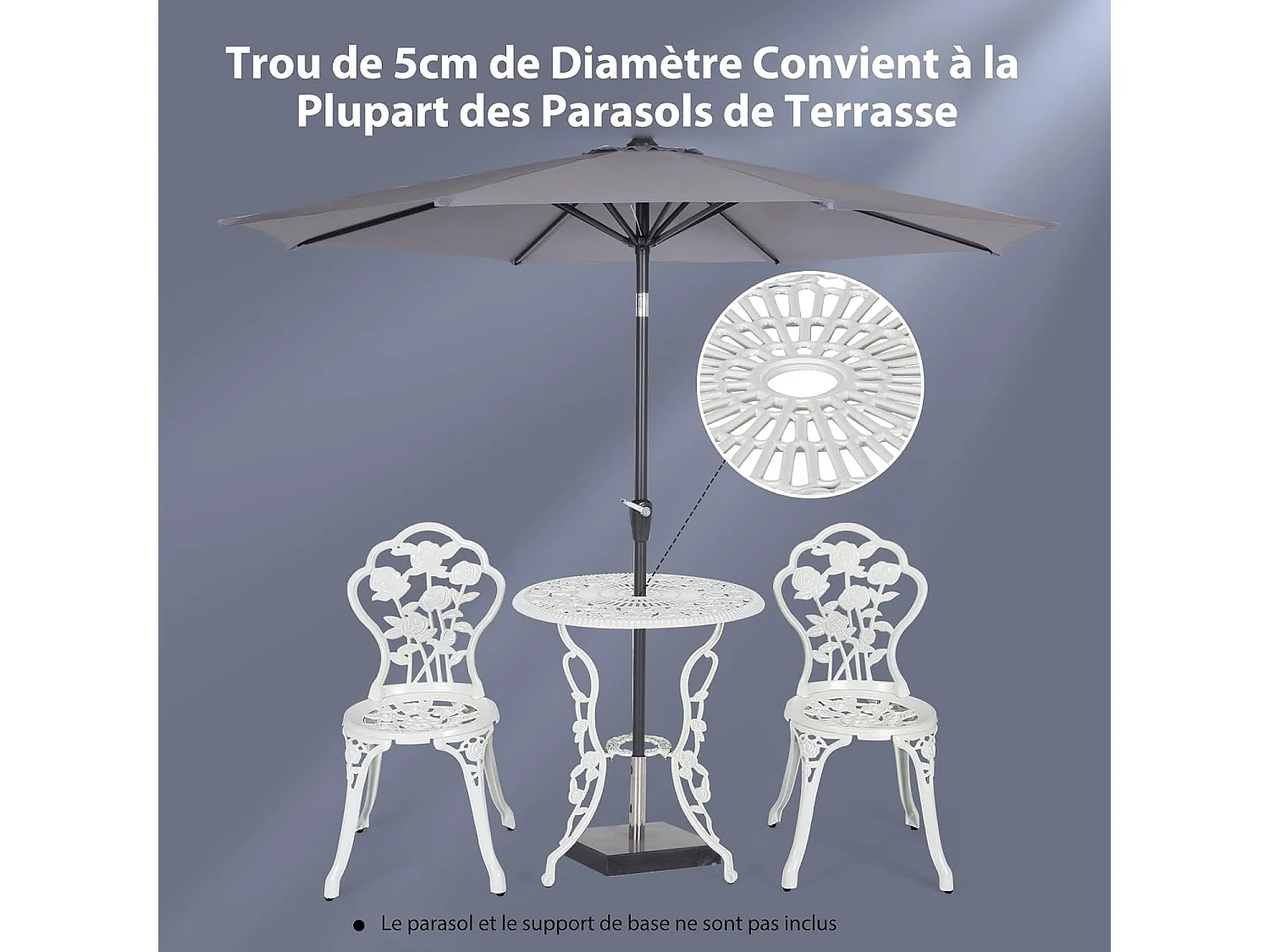 Salon de Jardin 3Pcs en Fonte Aluminium, Ensemble 2 Chaises et 1 Table Ronde Style Antique avec Motif Rose Chaise Charge 150 kg, pour Balcon Terasse Jardin(Blanc)