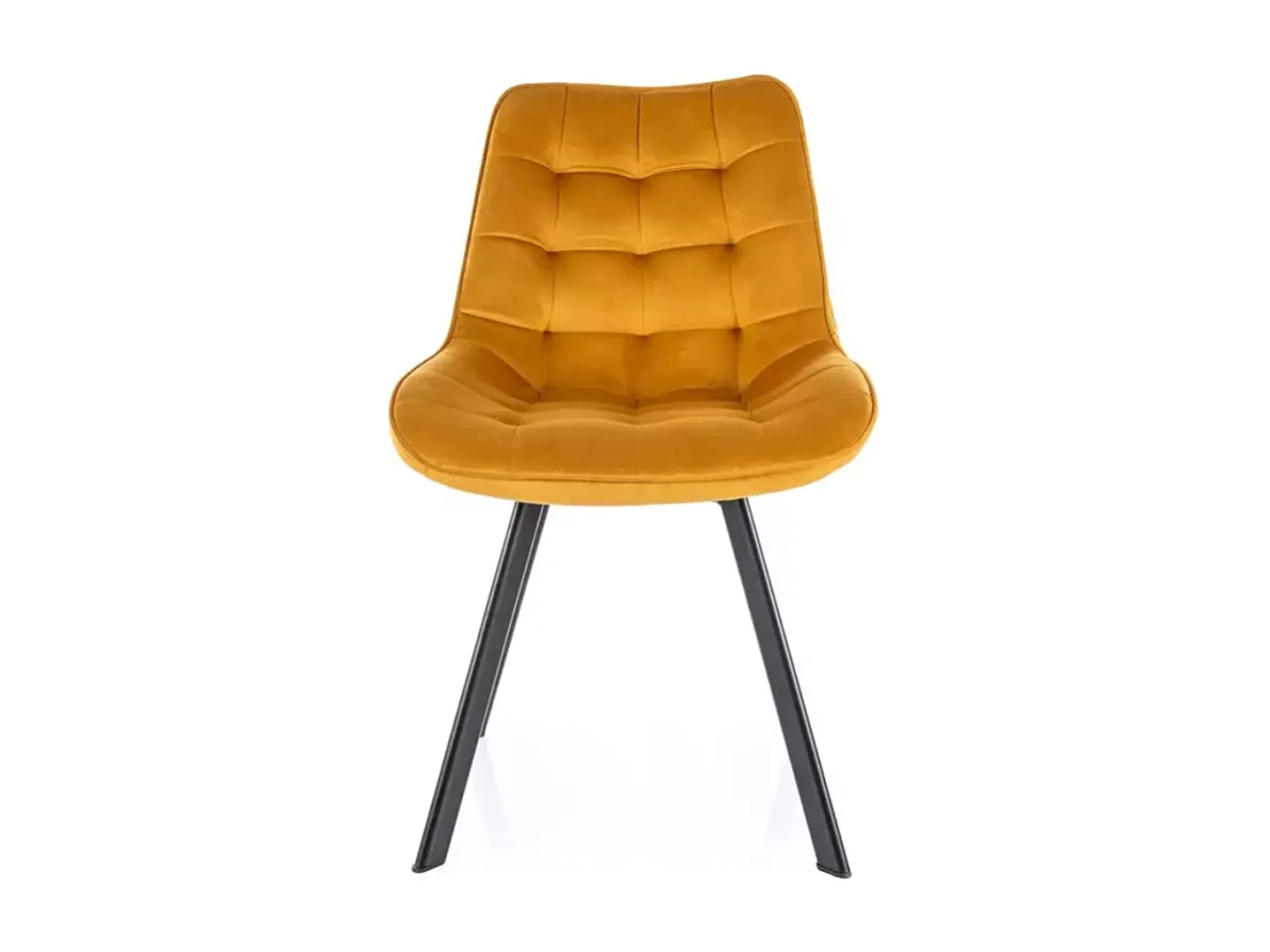 Chaise jaune curry pivotante en velours assise capitonnée pied noir mat style chaleureux MONTAJ