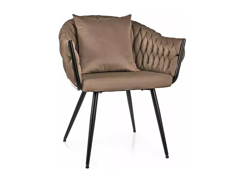 Chaise design velours beige avec coussin et pieds noirs NYNA