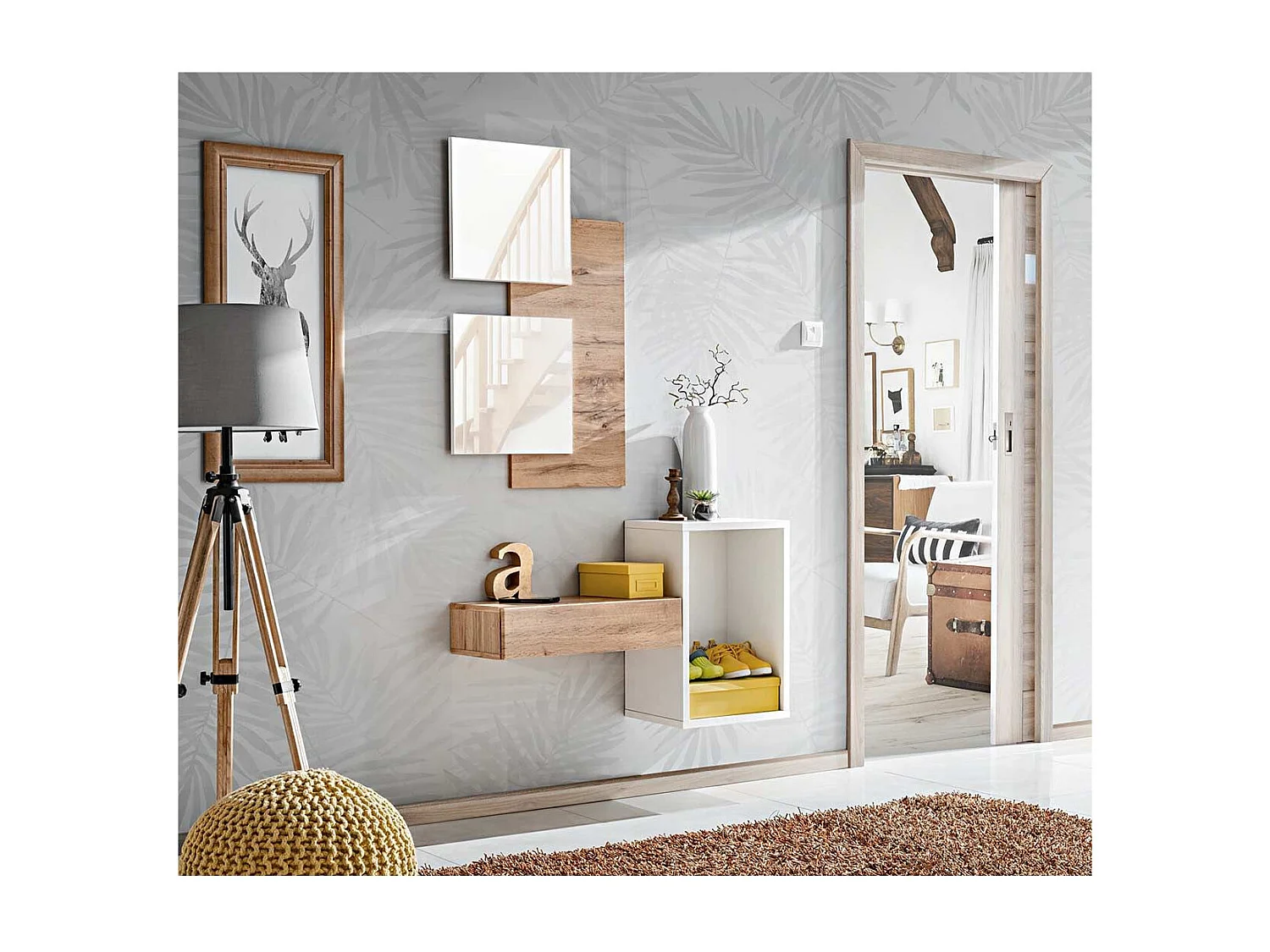 Panneau Mural & 2 Miroirs "Easy" 100cm Naturel