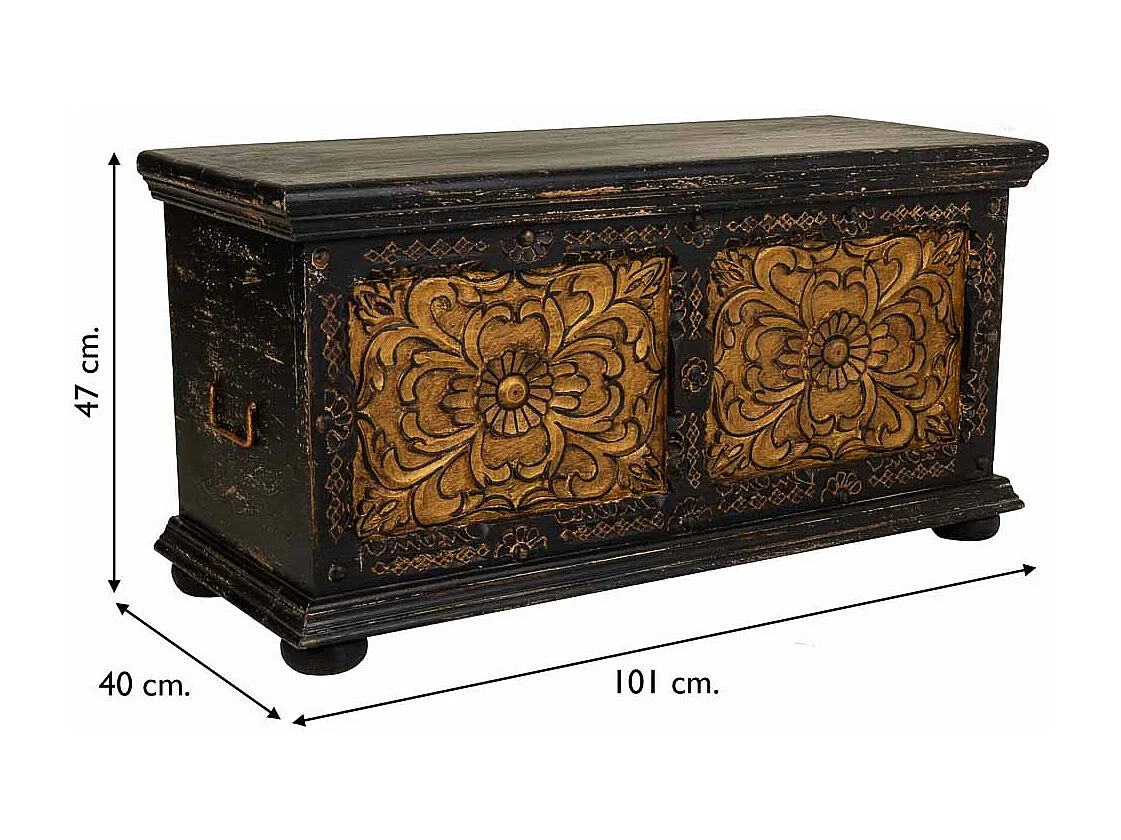 Coffre en bois artisanal noir 101x40x47 cm