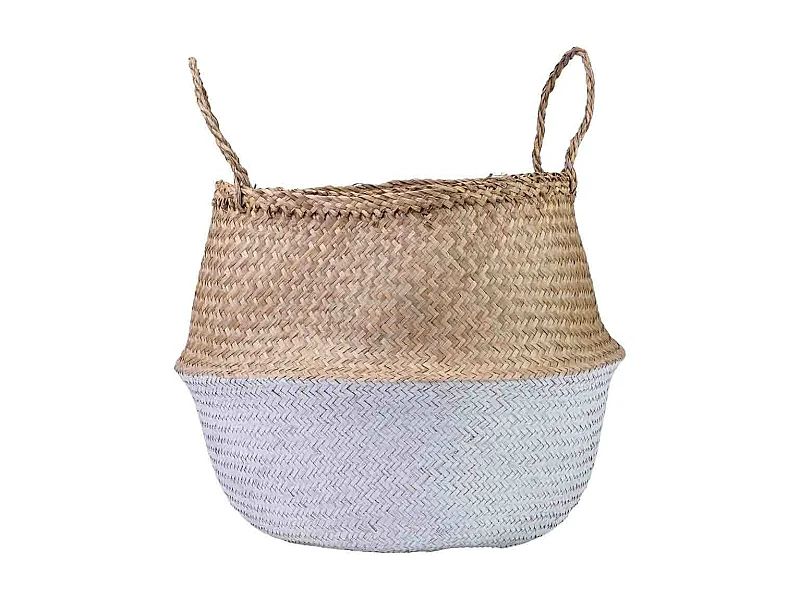 Panier naturel avec anses, peinture blanche, D40x36/48h cm