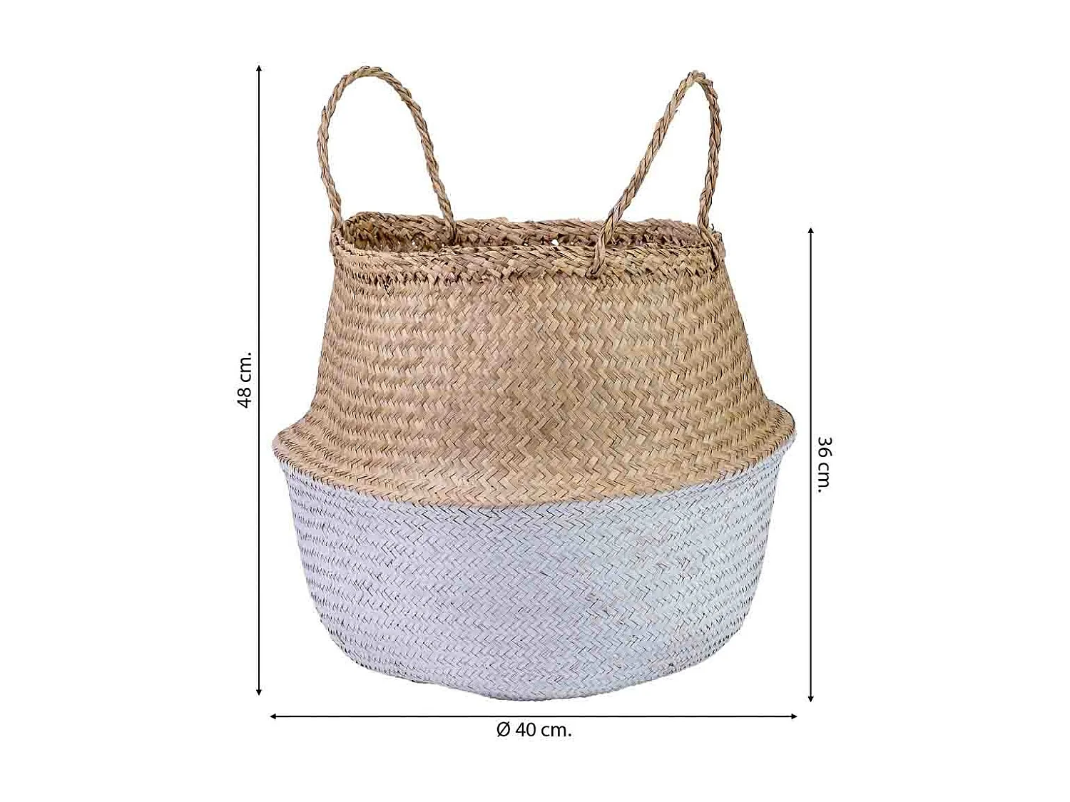 Panier naturel avec anses, peinture blanche, D40x36/48h cm
