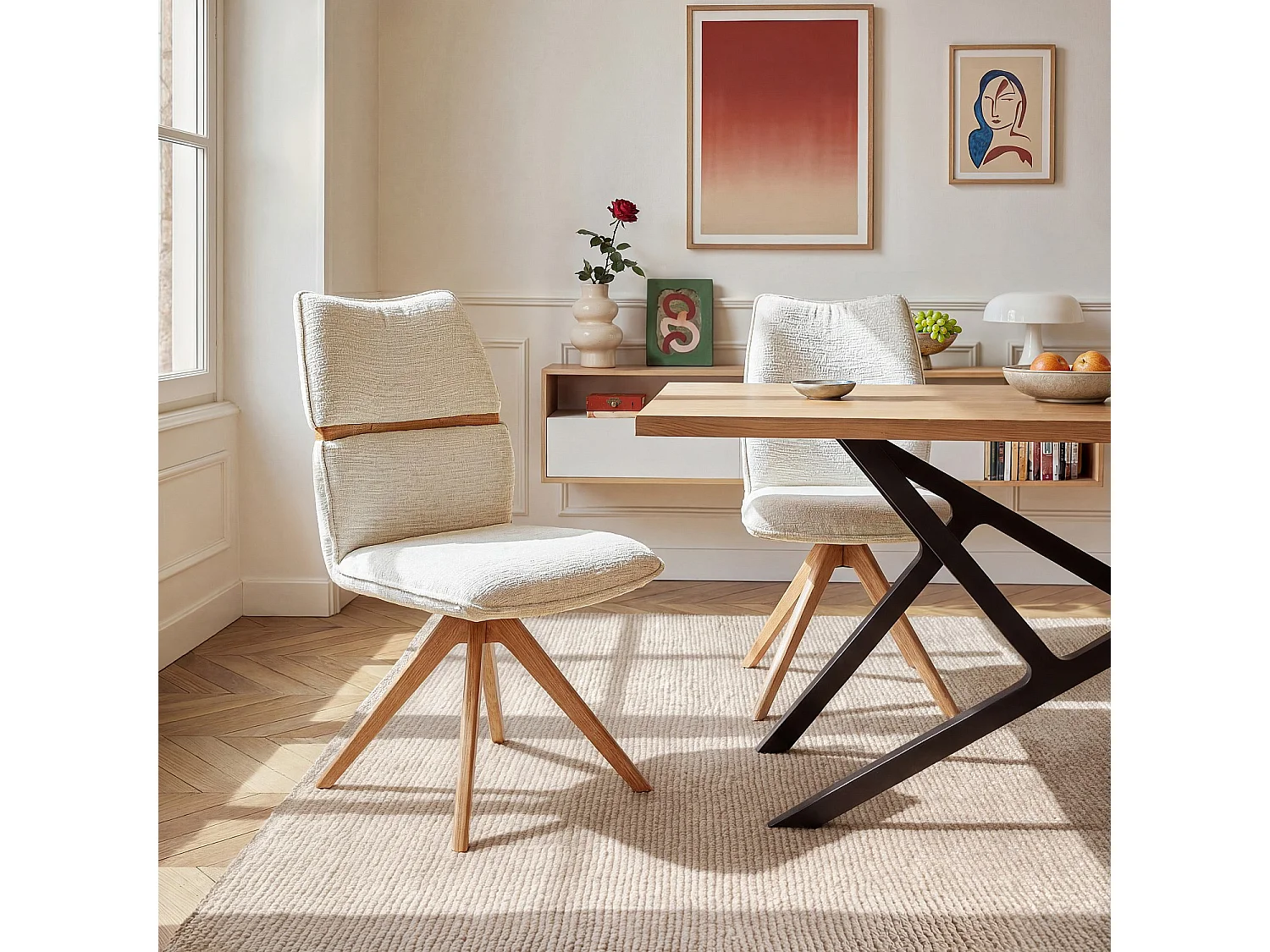 Lot de 2 chaises pivotantes en tissu et chêne massif - Crème
