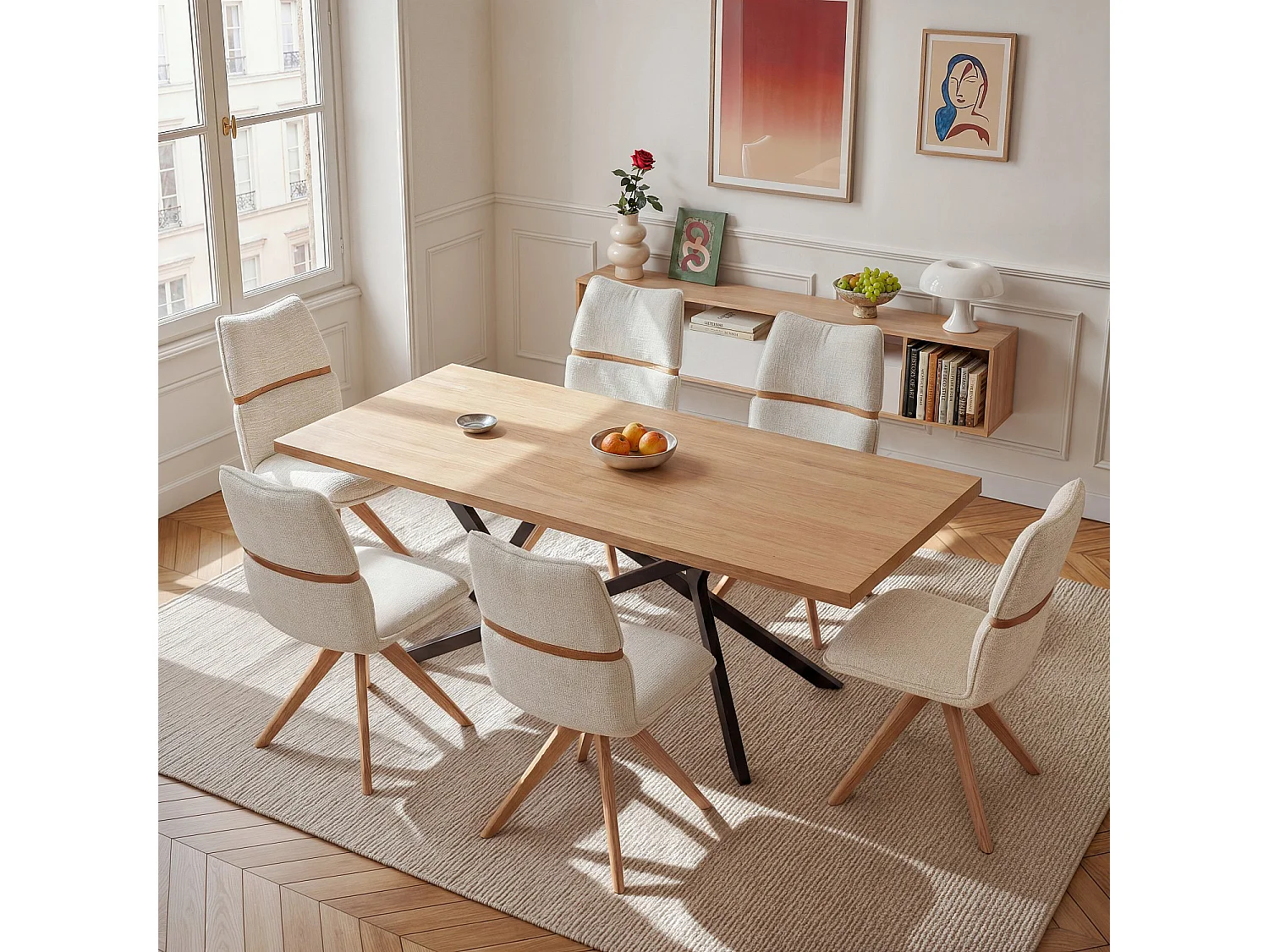 Lot de 2 chaises pivotantes en tissu et chêne massif - Crème