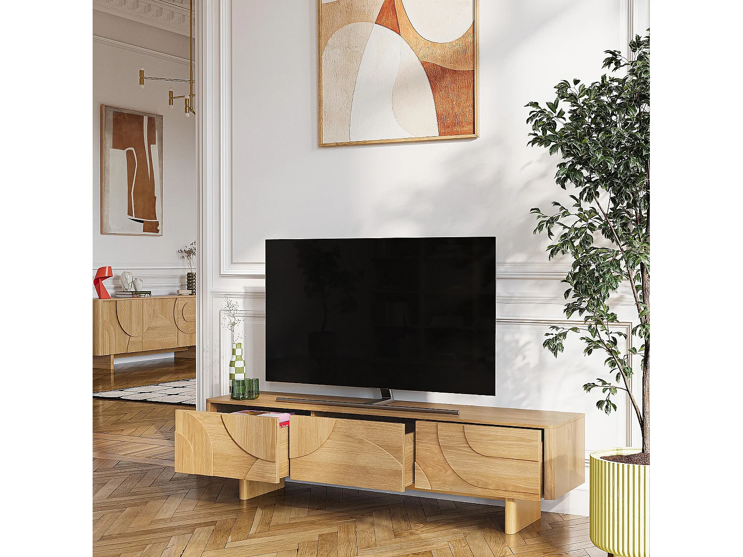 Habitat - Meuble TV 3 tiroirs en chêne 180 cm - Naturel - Design by Hélèna Pille - Milord