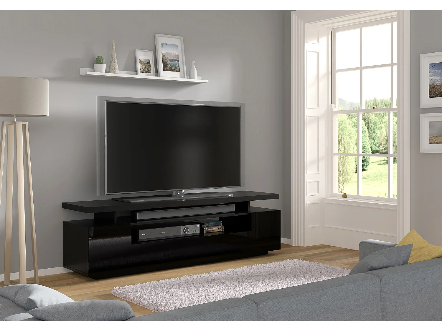 Meuble TV EVA 180 cm noir mat (corps) / noir brillant (faces)