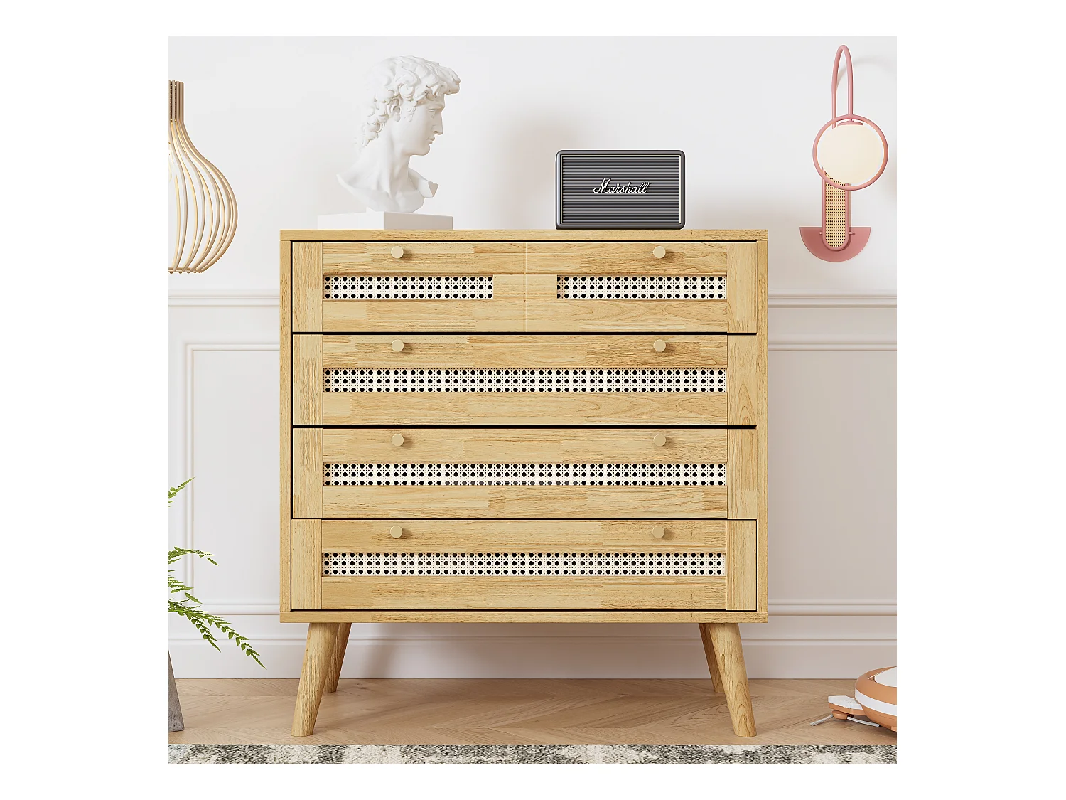 Commode classique en rotin 4 tiroirs et rangement