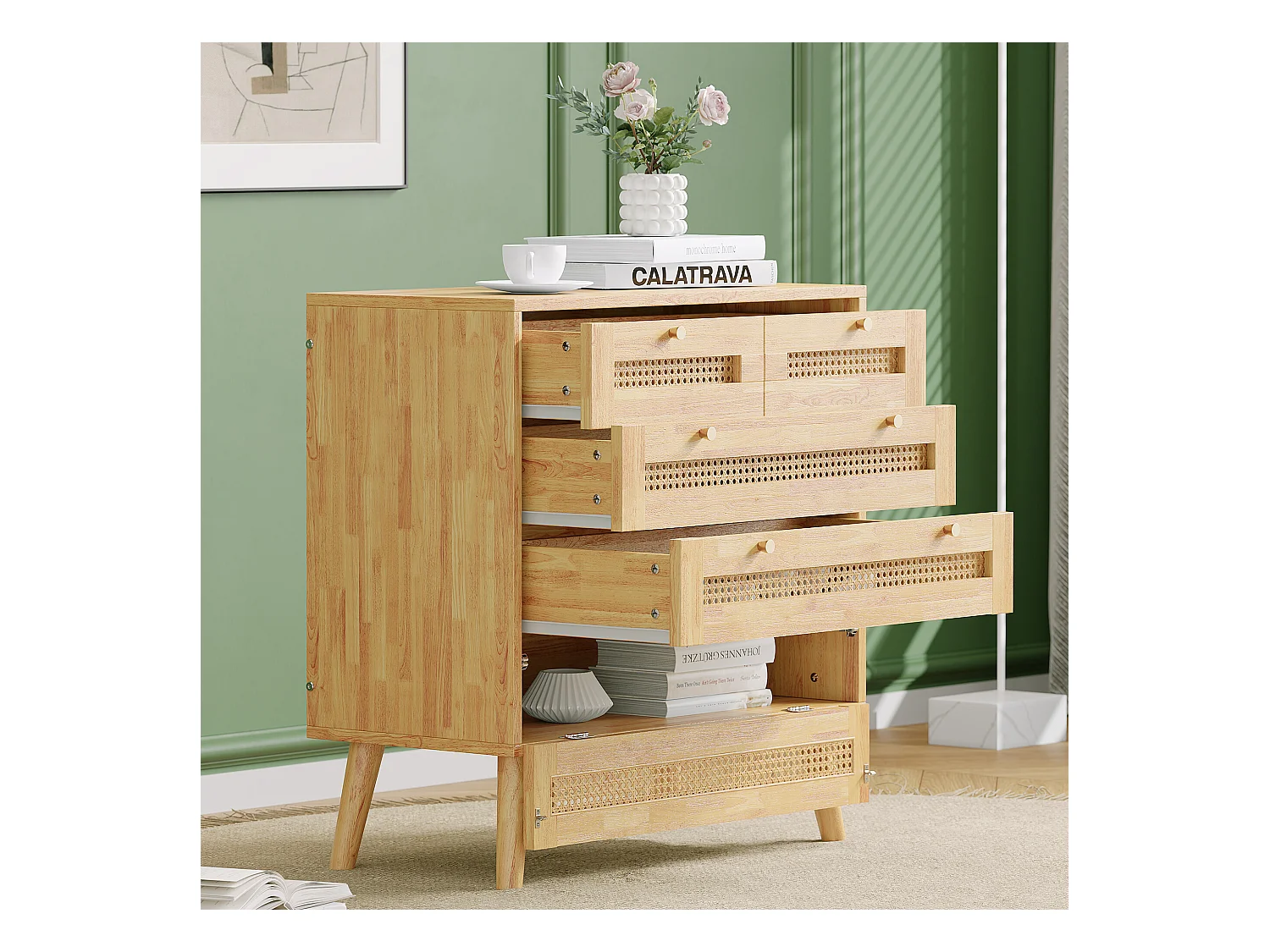 Commode classique en rotin 4 tiroirs et rangement