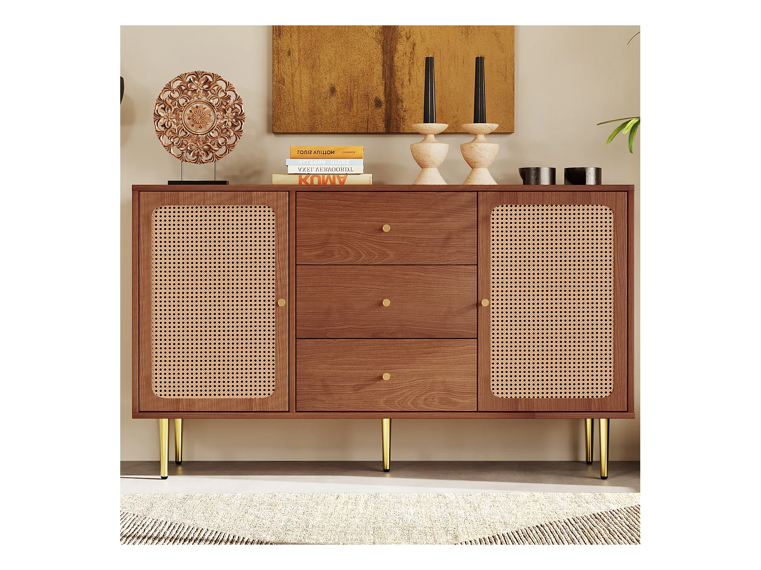 Commode effet bois noyer avec 2 portes et 3 tiroirs en rotin pieds et poignées dorées 150*90*40cm