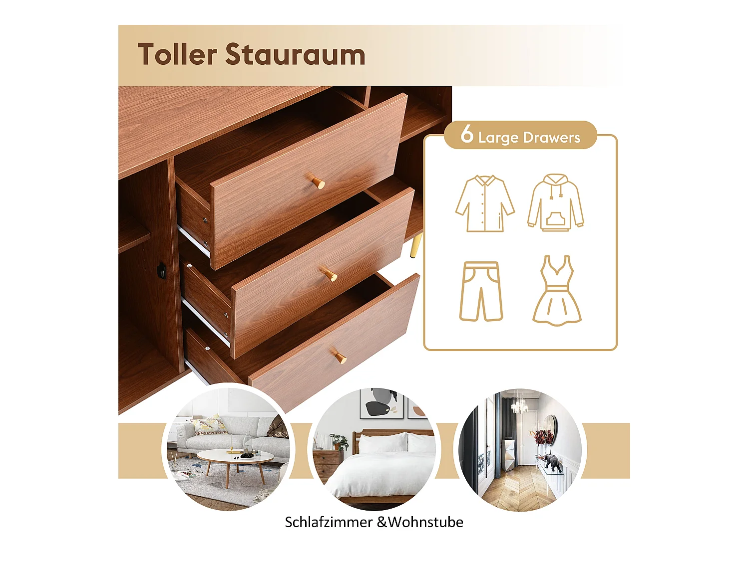 Commode effet bois noyer avec 2 portes et 3 tiroirs en rotin pieds et poignées dorées 150*90*40cm