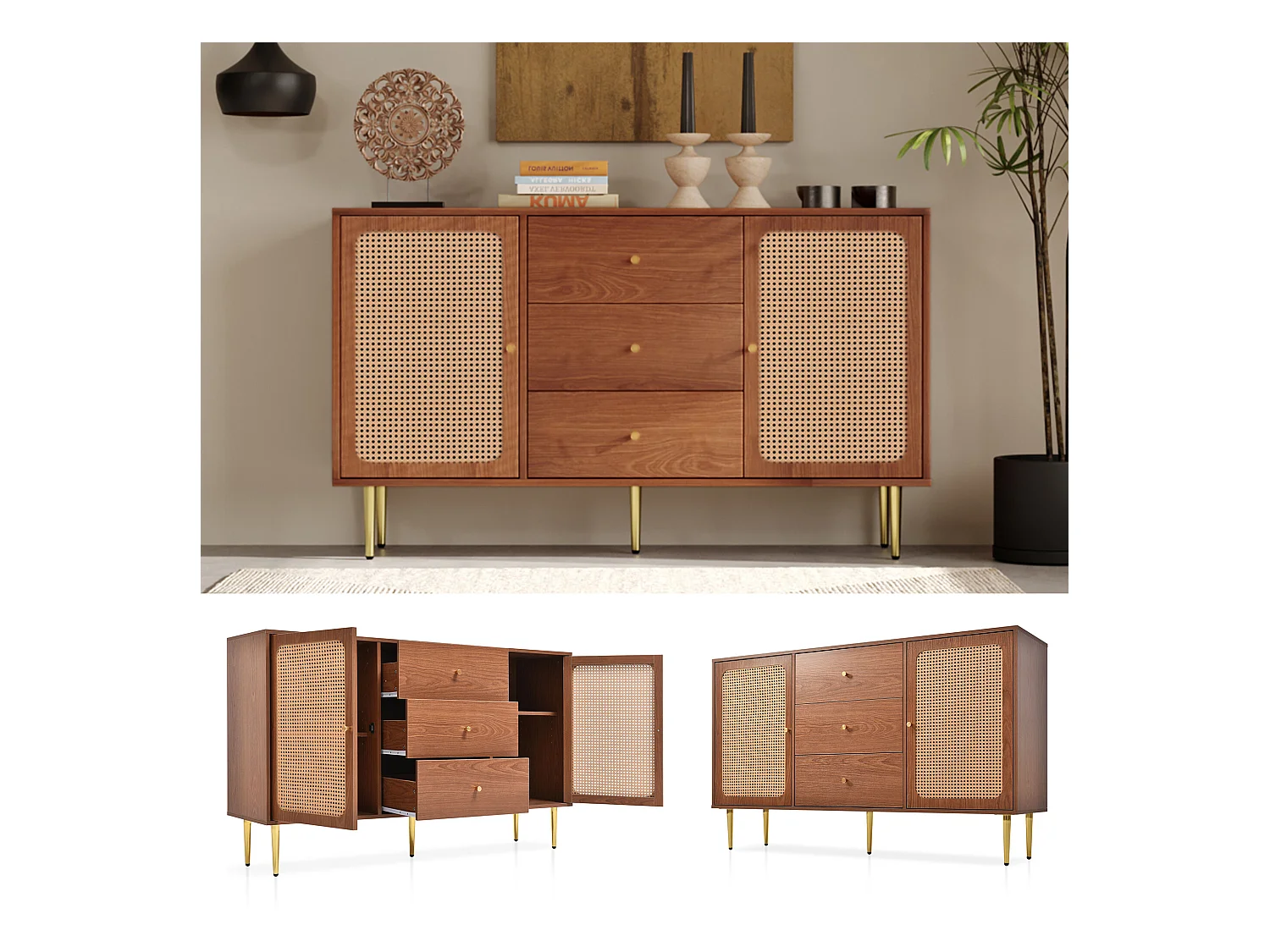 Commode effet bois noyer avec 2 portes et 3 tiroirs en rotin pieds et poignées dorées 150*90*40cm