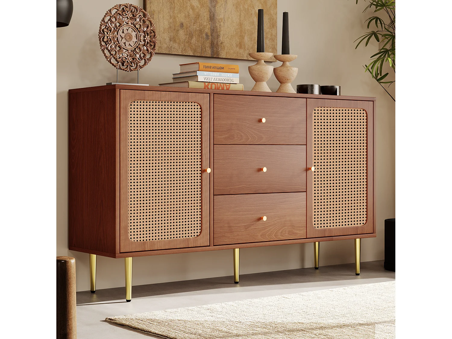 Commode effet bois noyer avec 2 portes et 3 tiroirs en rotin pieds et poignées dorées 150*90*40cm