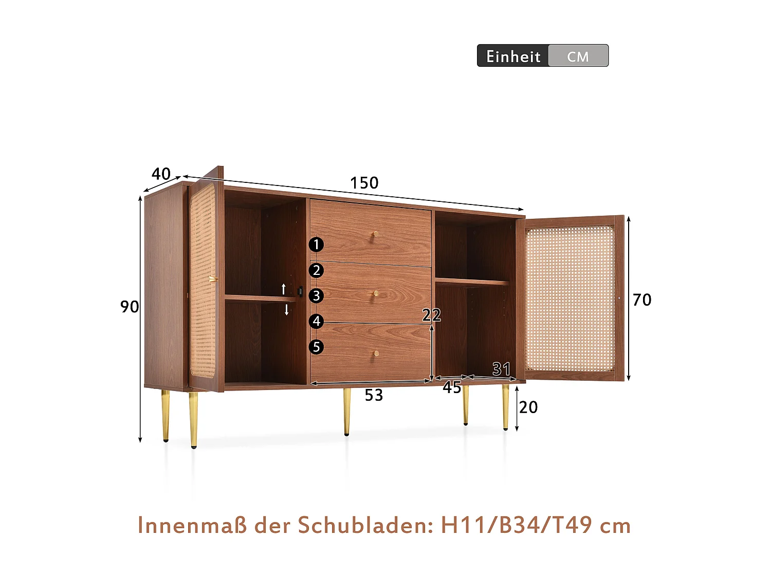 Commode effet bois noyer avec 2 portes et 3 tiroirs en rotin pieds et poignées dorées 150*90*40cm