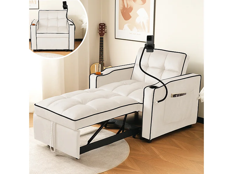 URBAN MEUBLE Fauteuil relax manuel convertible 3-en-1 beige velours support téléphone