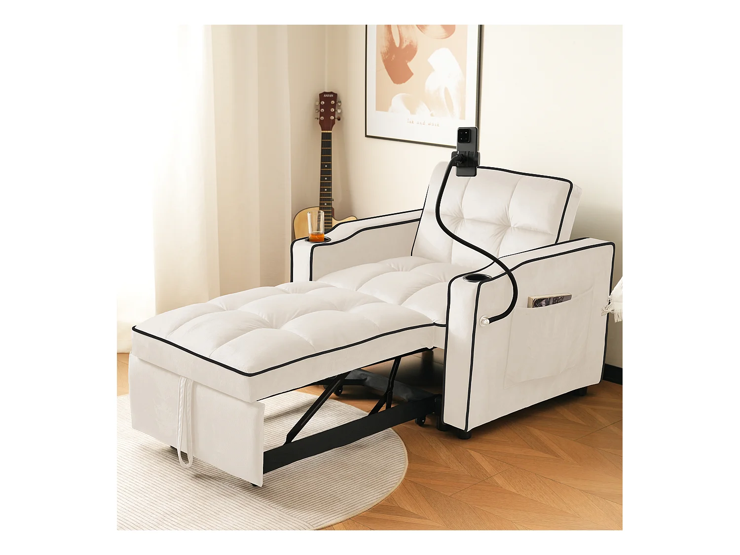 URBAN MEUBLE Fauteuil relax manuel convertible 3-en-1 beige velours support téléphone