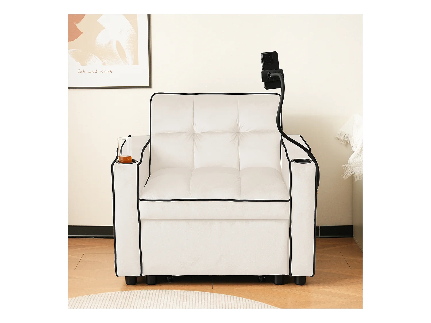 URBAN MEUBLE Fauteuil relax manuel convertible 3-en-1 beige velours support téléphone
