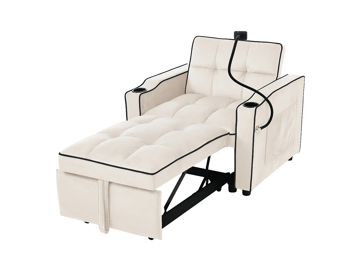 URBAN MEUBLE Fauteuil relax manuel convertible 3-en-1 beige velours support téléphone