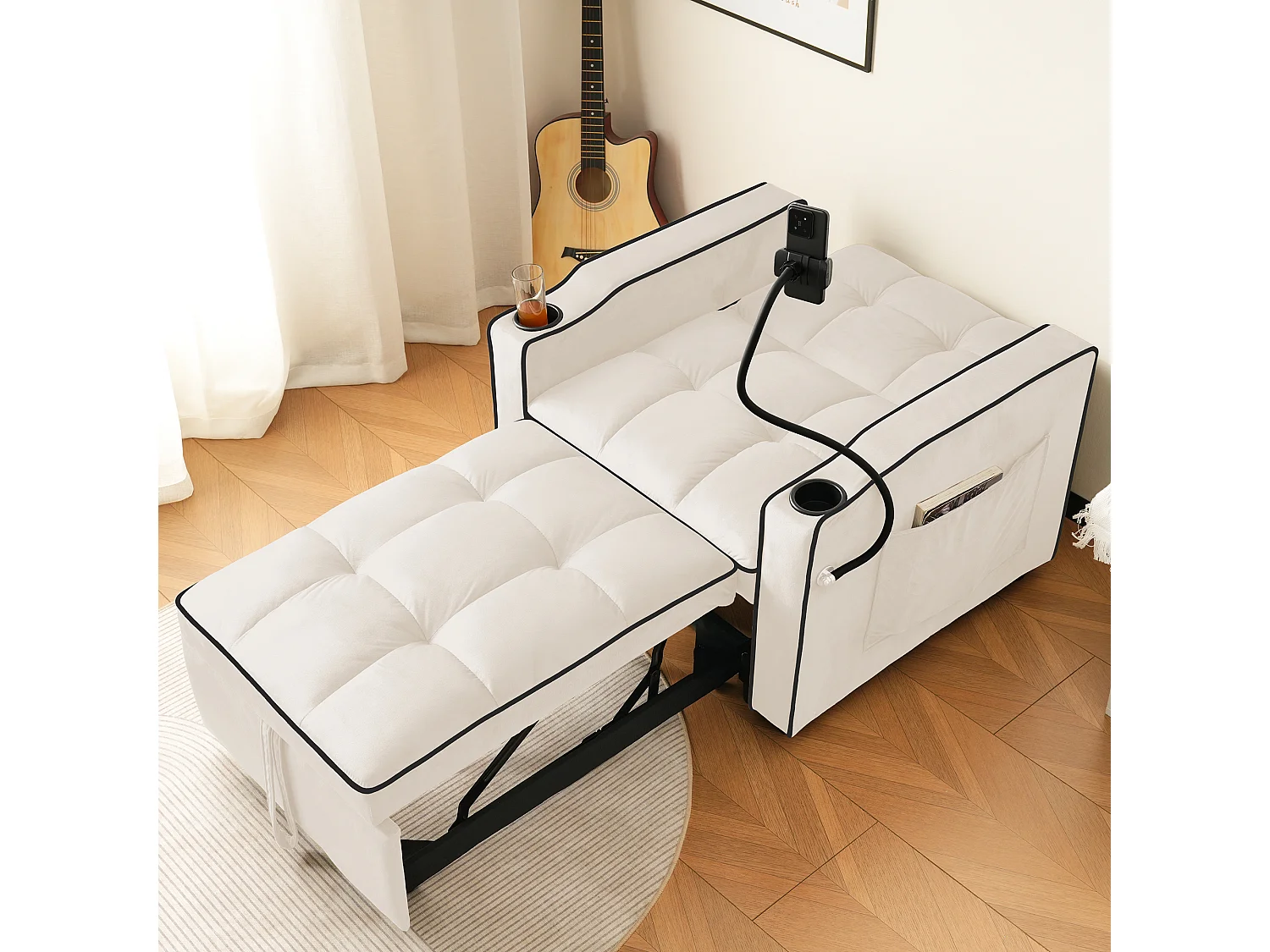 URBAN MEUBLE Fauteuil relax manuel convertible 3-en-1 beige velours support téléphone