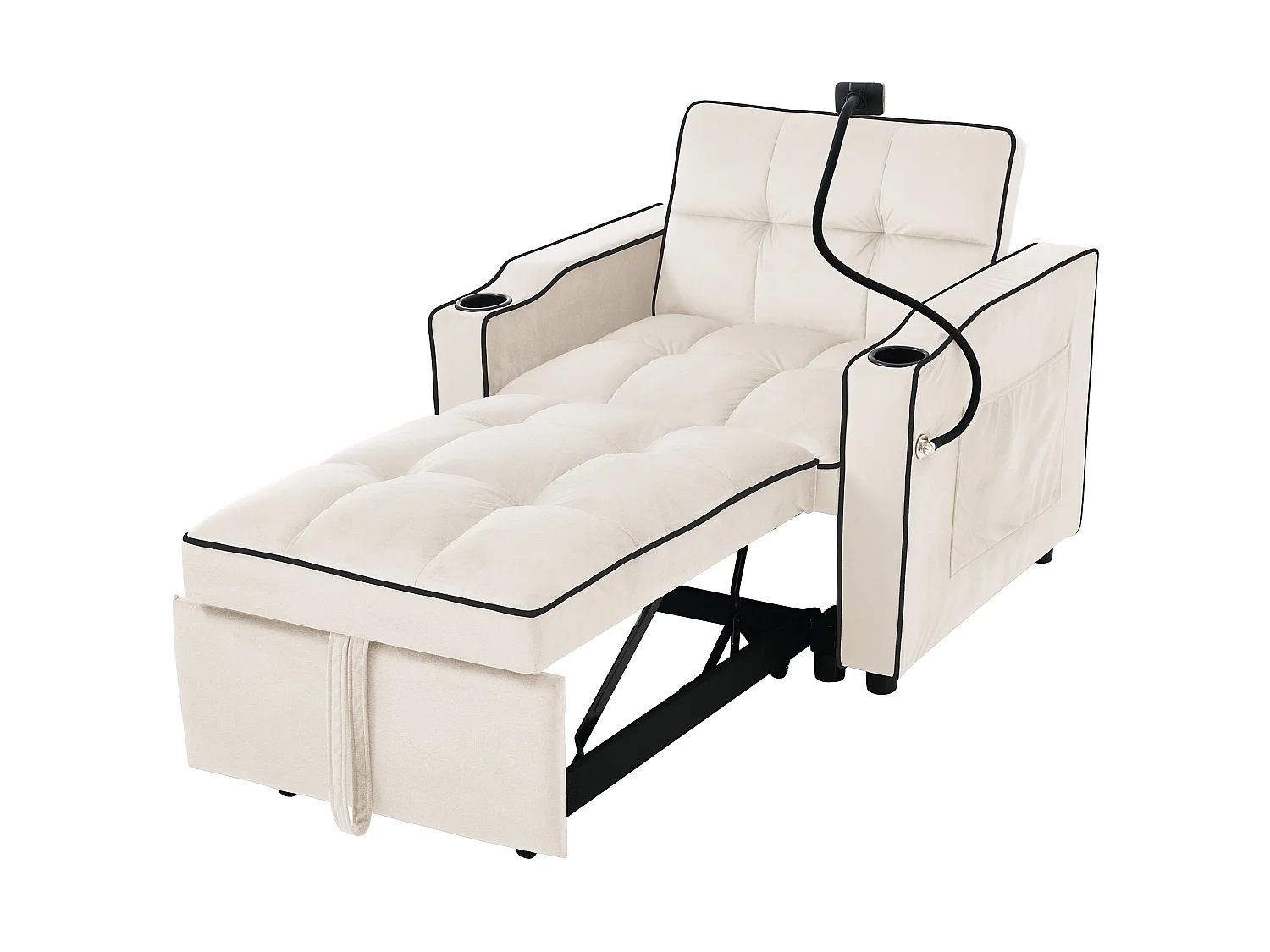 URBAN MEUBLE Fauteuil relax manuel convertible 3-en-1 beige velours support téléphone