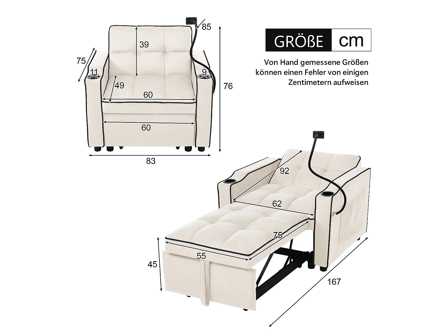 URBAN MEUBLE Fauteuil relax manuel convertible 3-en-1 beige velours support téléphone