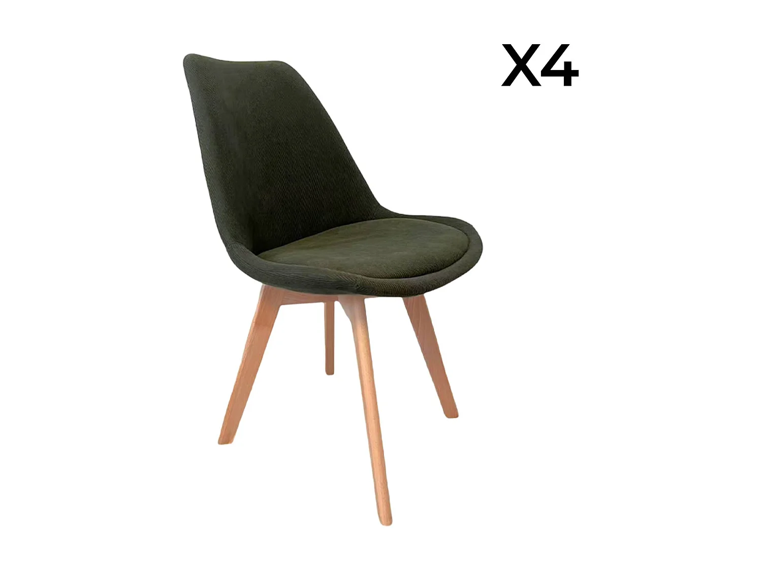 Lot de 4 chaises scandinaves revêtement velours côtelé kaki. pieds bois de hêtre - Nils