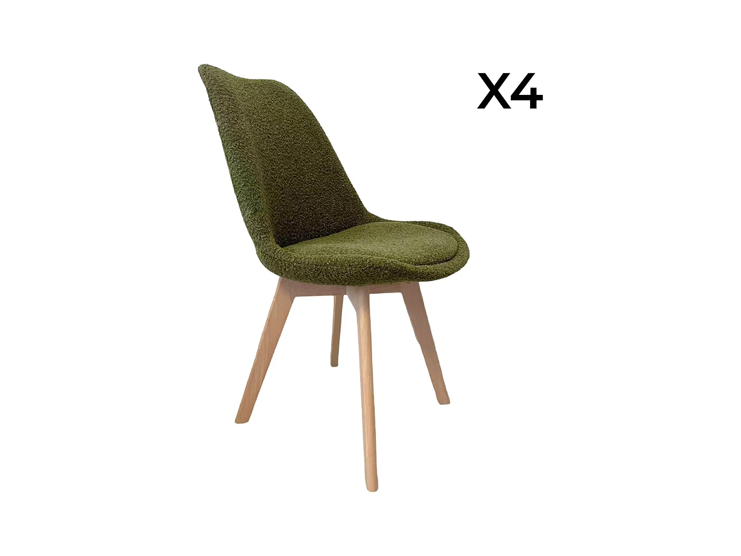 Lot de 4 chaises scandinaves revêtement bouclette texturée kaki. pieds bois de hêtre - Nils