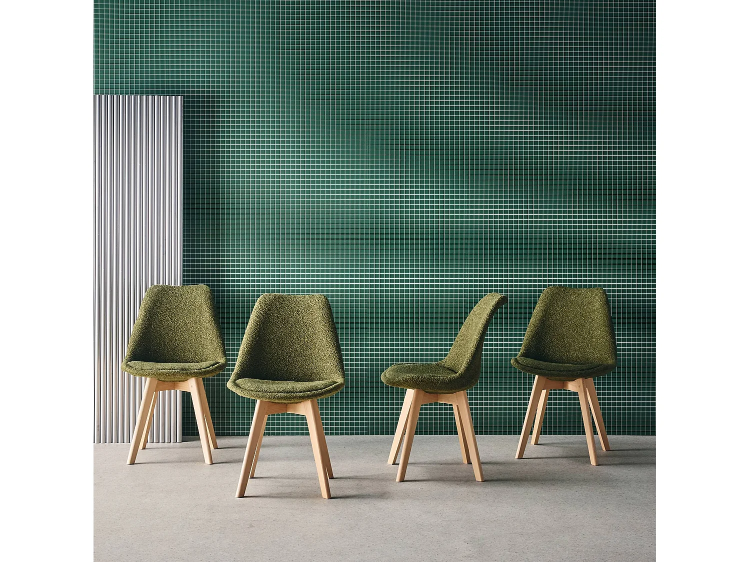 Lot de 4 chaises scandinaves revêtement bouclette texturée kaki. pieds bois de hêtre - Nils