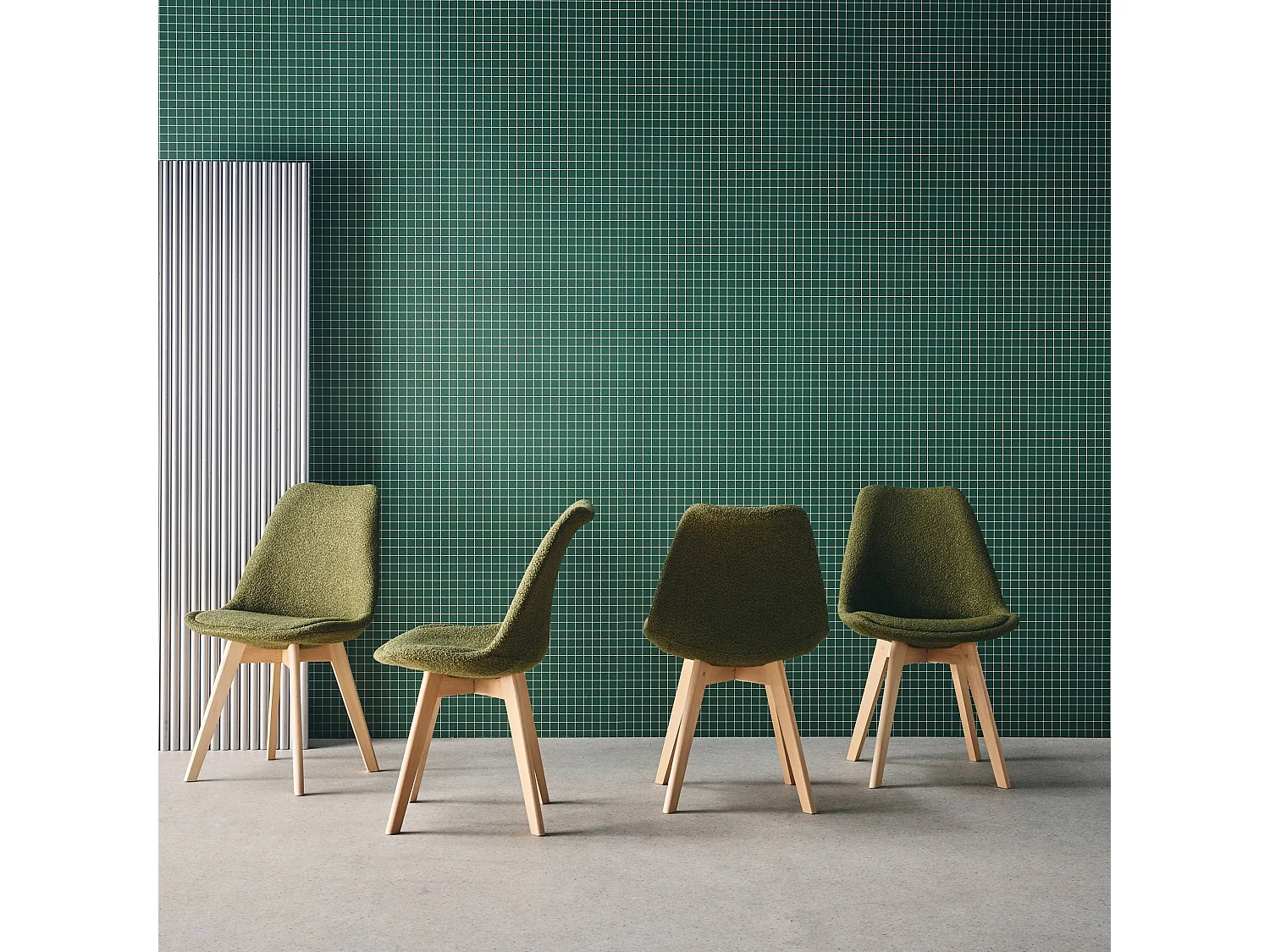 Lot de 4 chaises scandinaves revêtement bouclette texturée kaki. pieds bois de hêtre - Nils