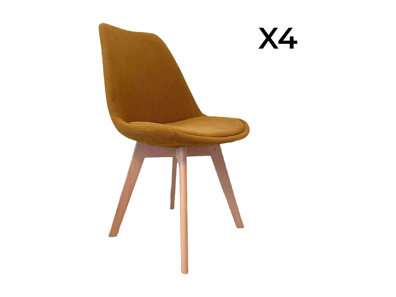 Silla escandinava de madera de haya y pana fina, set de 4 ocre