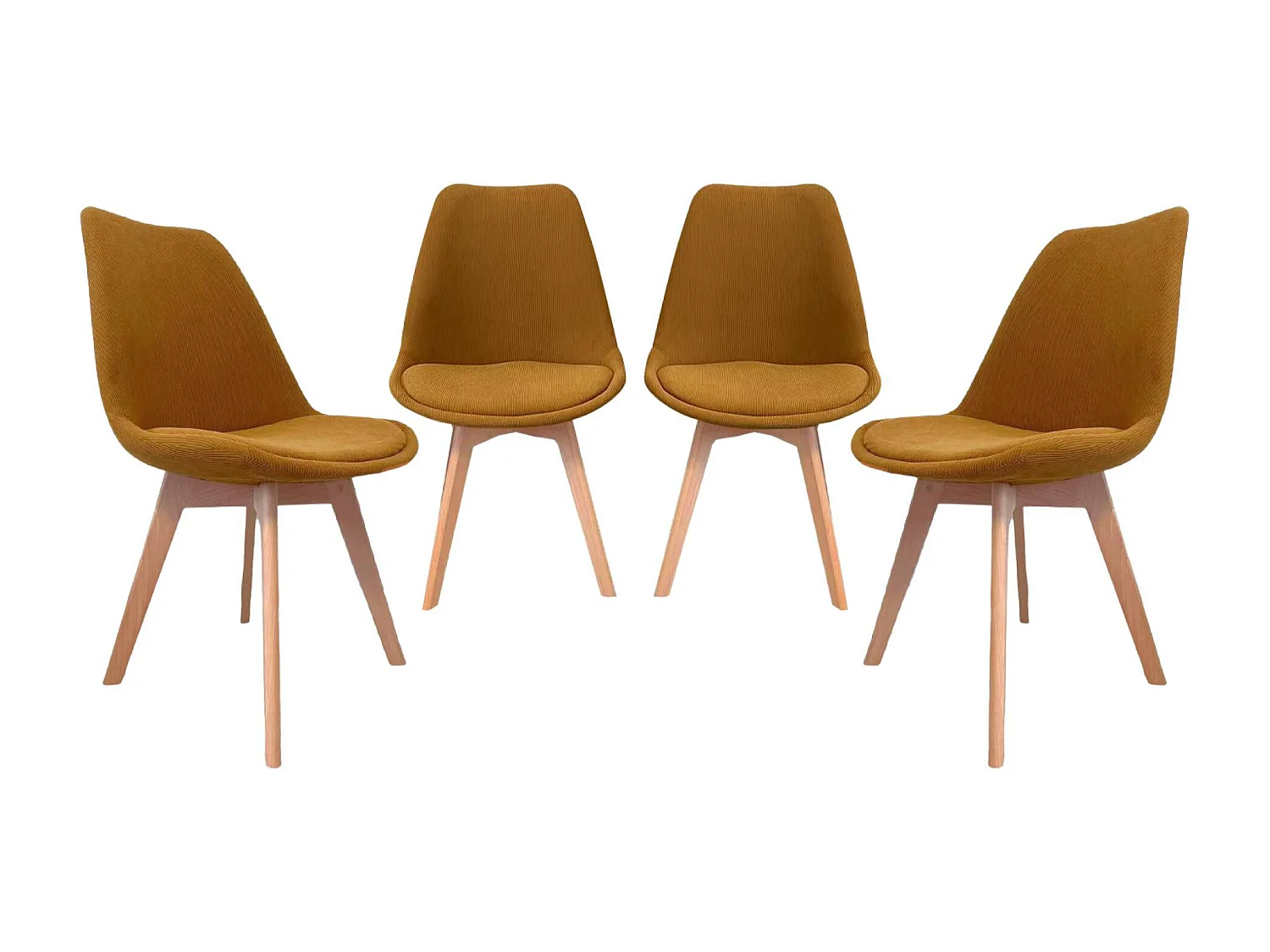 Silla escandinava de madera de haya y pana fina, set de 4 ocre